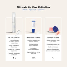 Load image into Gallery viewer, Ultimate Lip Care Collection promotional layout with three product panels Lip Line Corrector Moisturizing Lip Balm and Overnight Lip Mask and day night icons