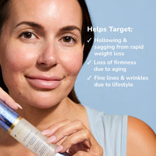 Load image into Gallery viewer, Close-up of a smiling woman holding GLP Complex serum bottle against a pale blue background.
