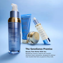 Load image into Gallery viewer, SeneGence skincare trio on a blue backdrop featuring a facial mask, a 3 in 1 cleanser, and GLP Complex.
